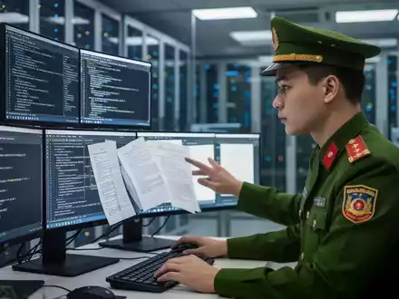 Vietnamese police officer examining computer screens with software code and legal documents, symbolizing software piracy investigation. - Foto: über boerse-global.de
