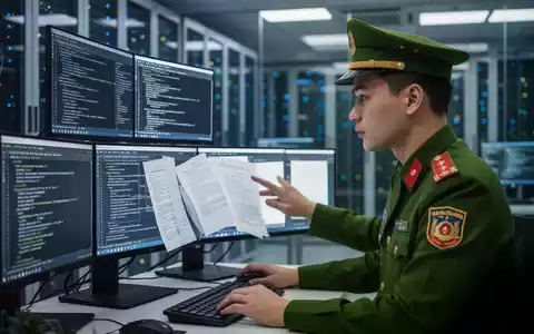 Vietnamese police officer examining computer screens with software code and legal documents, symbolizing software piracy investigation. - Foto: über boerse-global.de