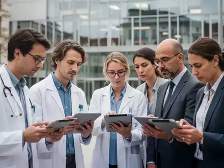 Eine Gruppe von Universitätsmitarbeitern füllt eine Gesundheitsbefragung auf Tablets aus, im Hintergrund ein Universitätsgebäude in Wien. - Foto: über boerse-global.de