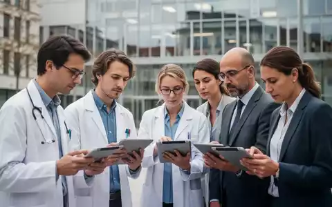 Eine Gruppe von Universitätsmitarbeitern füllt eine Gesundheitsbefragung auf Tablets aus, im Hintergrund ein Universitätsgebäude in Wien. - Foto: über boerse-global.de