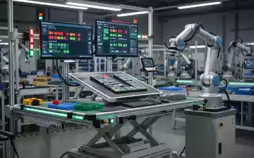 Eine moderne, ergonomische Montagestation in einer Fabrik mit höhenverstellbarem Tisch, digitaler Anzeige und einem Roboterarm. - Foto: über boerse-global.de