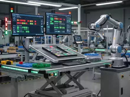 Eine moderne, ergonomische Montagestation in einer Fabrik mit höhenverstellbarem Tisch, digitaler Anzeige und einem Roboterarm. - Foto: über boerse-global.de