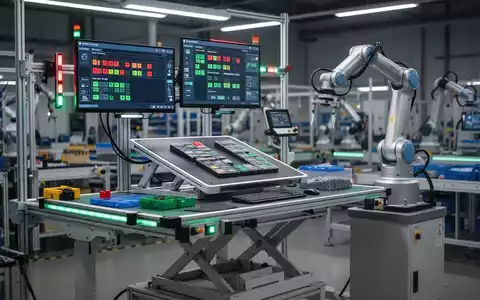 Eine moderne, ergonomische Montagestation in einer Fabrik mit höhenverstellbarem Tisch, digitaler Anzeige und einem Roboterarm. - Foto: über boerse-global.de