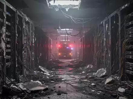 A damaged, smoldering data center server room with exposed wires and charred equipment, reflecting a recent fire. - Foto: über boerse-global.de