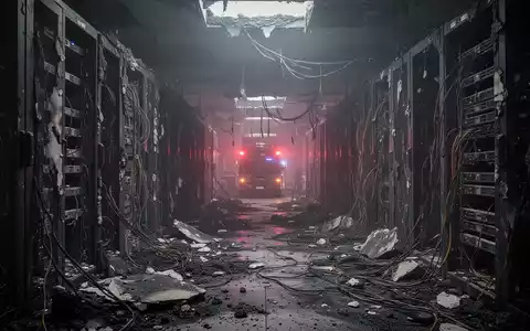 A damaged, smoldering data center server room with exposed wires and charred equipment, reflecting a recent fire. - Foto: über boerse-global.de
