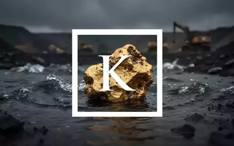 Ein Goldnugget, teilweise in dunklem, turbulentem Wasser versunken, mit einer unscharfen, bedrohlichen Bergbaulandschaft im Hintergrund. - Foto: über boerse-global.de