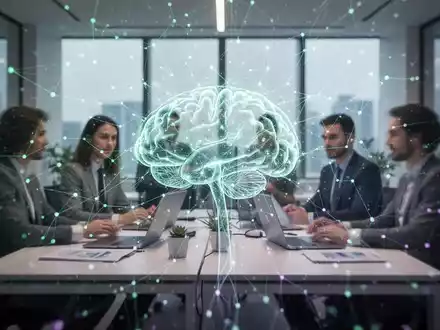A glowing, abstract neural network pattern overlays a modern office desk with blurred figures, symbolizing AI integration in enterprise workflows. - Foto: über boerse-global.de
