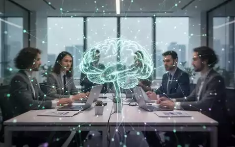 A glowing, abstract neural network pattern overlays a modern office desk with blurred figures, symbolizing AI integration in enterprise workflows. - Foto: über boerse-global.de
