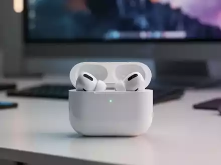 Apple AirPods Pro earbuds in their white charging case on a desk, with a soft-focus background. - Foto: über boerse-global.de