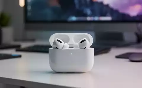 Apple AirPods Pro earbuds in their white charging case on a desk, with a soft-focus background. - Foto: über boerse-global.de
