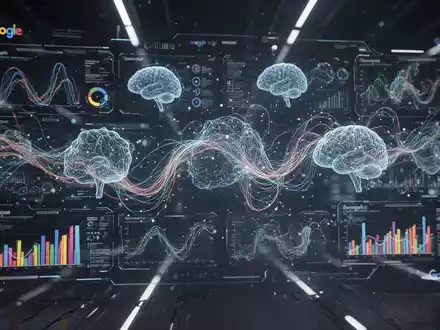 A digital interface showing abstract data, AI neural networks, and Google branding elements. - Foto: über boerse-global.de