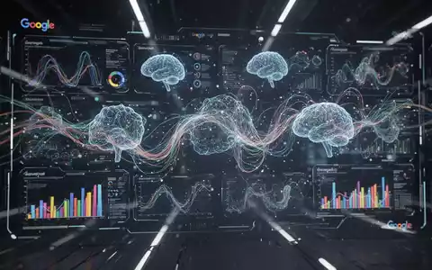 A digital interface showing abstract data, AI neural networks, and Google branding elements. - Foto: über boerse-global.de