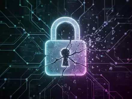 A glowing, fractured digital padlock with data scattering, overlaid on a network of lines, symbolizing a data breach. - Foto: über boerse-global.de
