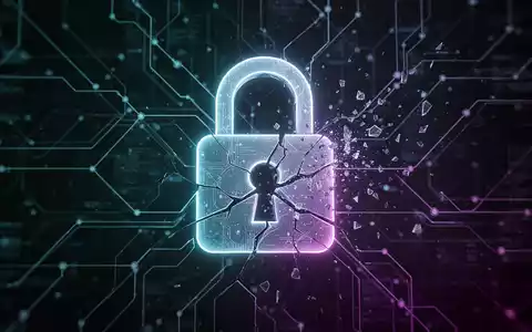 A glowing, fractured digital padlock with data scattering, overlaid on a network of lines, symbolizing a data breach. - Foto: über boerse-global.de