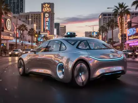 A futuristic robotaxi drives down the brightly lit Las Vegas Strip at dusk, with neon lights reflecting on its surface. - Foto: über boerse-global.de