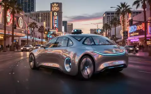 A futuristic robotaxi drives down the brightly lit Las Vegas Strip at dusk, with neon lights reflecting on its surface. - Foto: über boerse-global.de