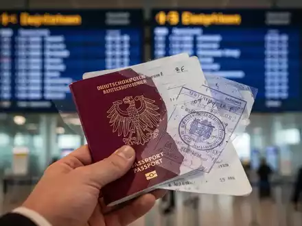 Ein Pass, der teilweise von einem Stempel verdeckt ist, mit einem unscharfen Flughafen im Hintergrund, der Reisekomplikationen andeutet. - Foto: über boerse-global.de