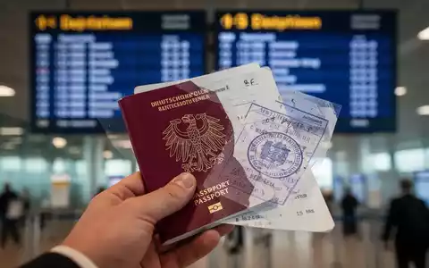 Ein Pass, der teilweise von einem Stempel verdeckt ist, mit einem unscharfen Flughafen im Hintergrund, der Reisekomplikationen andeutet. - Foto: über boerse-global.de
