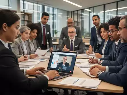 Erwachsene Studierende, einige in Berufskleidung, nehmen an einem Hybrid-Seminar teil, das alternative Bildungswege symbolisiert. - Foto: über boerse-global.de