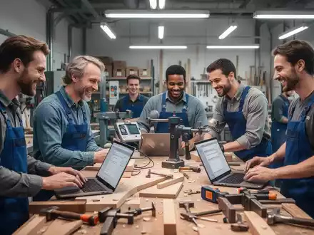 Handwerker in einem modernen, gut beleuchteten Workshop, die zusammenarbeiten und digitale Tools sowie traditionelle Geräte verwenden. - Foto: über boerse-global.de