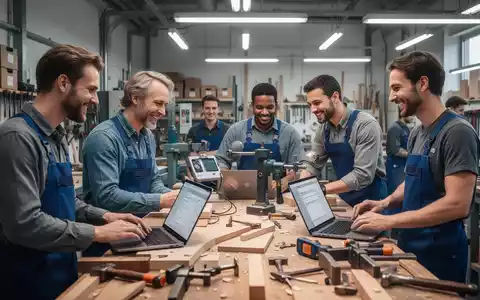 Handwerker in einem modernen, gut beleuchteten Workshop, die zusammenarbeiten und digitale Tools sowie traditionelle Geräte verwenden. - Foto: über boerse-global.de