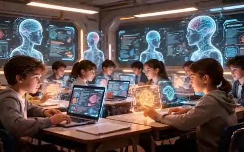Eine futuristische Klassenzimmerszene mit Schülern, die mit holografischen Schnittstellen interagieren, die von KI-Tutoren angetrieben werden. - Foto: über boerse-global.de