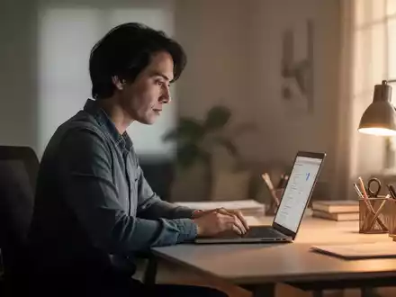 Eine Person sitzt nachdenklich an einem modernen Homeoffice-Schreibtisch und blickt auf einen Laptop. - Foto: über boerse-global.de