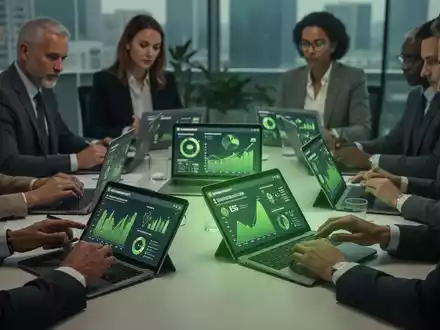 Finanzexperten analysieren Nachhaltigkeitsberichte auf Tablets und Laptops in einem modernen Büro mit grünen Lichtakzenten. - Foto: über boerse-global.de