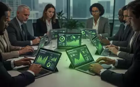 Finanzexperten analysieren Nachhaltigkeitsberichte auf Tablets und Laptops in einem modernen Büro mit grünen Lichtakzenten. - Foto: über boerse-global.de