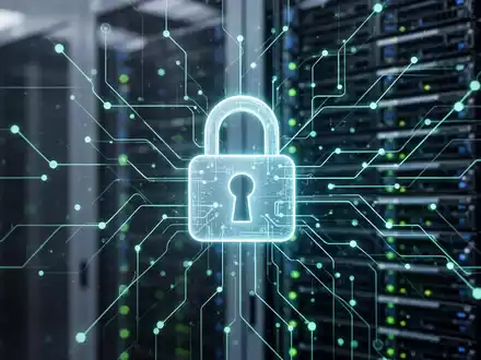 A glowing padlock icon superimposed on a complex digital network diagram, with a blurred server rack in the background. - Foto: über boerse-global.de