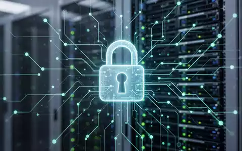 A glowing padlock icon superimposed on a complex digital network diagram, with a blurred server rack in the background. - Foto: über boerse-global.de