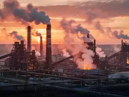 Industrielandschaft mit rauchenden Schornsteinen von Stahl- und Aluminiumwerken bei Sonnenuntergang, symbolisch für Klimaregulierung und Industrie. - Foto: über boerse-global.de