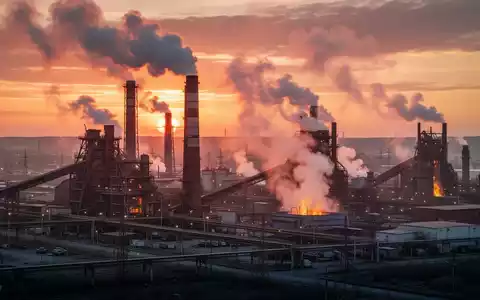 Industrielandschaft mit rauchenden Schornsteinen von Stahl- und Aluminiumwerken bei Sonnenuntergang, symbolisch für Klimaregulierung und Industrie. - Foto: über boerse-global.de