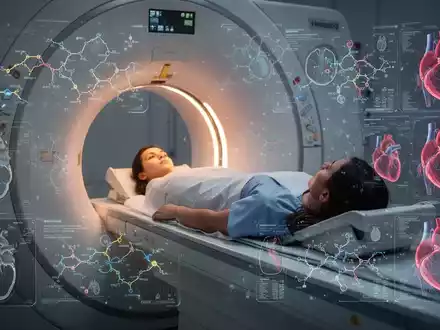 Eine Person liegt in einem MRT-Gerät, umgeben von digitalen Darstellungen medizinischer Daten und Herzscans. - Foto: über boerse-global.de