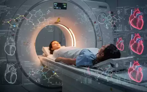 Eine Person liegt in einem MRT-Gerät, umgeben von digitalen Darstellungen medizinischer Daten und Herzscans. - Foto: über boerse-global.de