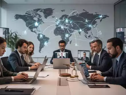 Geschäftsleute arbeiten in einem modernen Büro, einige an Laptops, andere in Videokonferenzen. Eine Weltkarte im Hintergrund symbolisiert globale Arbeit. - Foto: über boerse-global.de