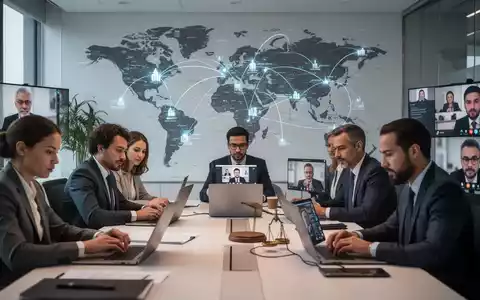 Geschäftsleute arbeiten in einem modernen Büro, einige an Laptops, andere in Videokonferenzen. Eine Weltkarte im Hintergrund symbolisiert globale Arbeit. - Foto: über boerse-global.de