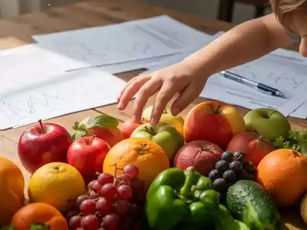 Ein Kinderhand greift nach bunten Früchten und Gemüse auf einem Holztisch, im Hintergrund unscharfe Forschungsdokumente. - Foto: über boerse-global.de