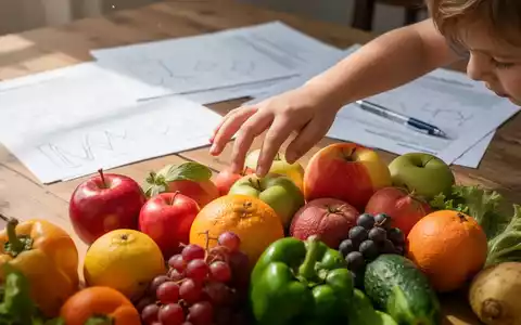Ein Kinderhand greift nach bunten Früchten und Gemüse auf einem Holztisch, im Hintergrund unscharfe Forschungsdokumente. - Foto: über boerse-global.de