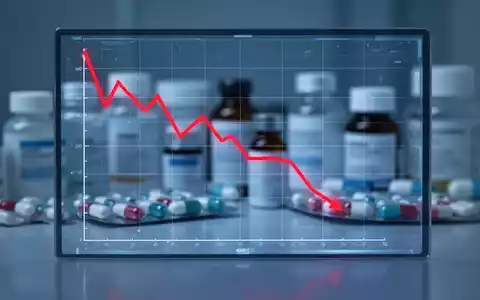 Ein fallender roter Graph auf einem digitalen Display mit unscharfen pharmazeutischen Produkten im Hintergrund. - Foto: über boerse-global.de