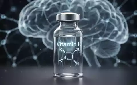 Ein Nahaufnahme einer Glasphiole mit Vitamin C, im Hintergrund verschwommene, leuchtende neuronale Netzwerke, die Gehirnaktivität darstellen. - Foto: über boerse-global.de