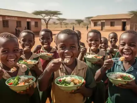 Glückliche Kinder essen gesunde Mahlzeiten in einem sonnigen Schulhof in einem afrikanischen Dorf. - Foto: über boerse-global.de