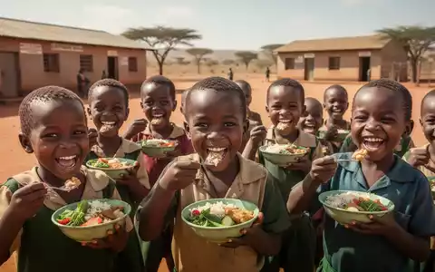 Glückliche Kinder essen gesunde Mahlzeiten in einem sonnigen Schulhof in einem afrikanischen Dorf. - Foto: über boerse-global.de