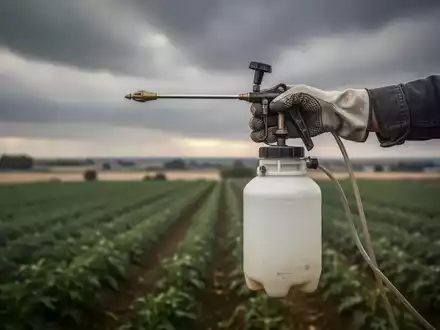 Eine behandschuhte Hand hält eine Pestizidspritze auf einem Feld unter einem bewölkten Himmel, symbolisiert landwirtschaftliche Risiken. - Foto: über boerse-global.de