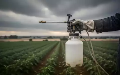 Eine behandschuhte Hand hält eine Pestizidspritze auf einem Feld unter einem bewölkten Himmel, symbolisiert landwirtschaftliche Risiken. - Foto: über boerse-global.de