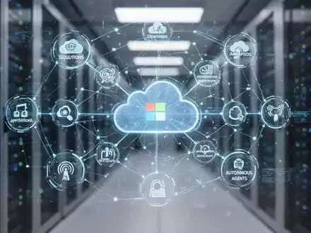 Holographic projection of a digital ecosystem with cloud solutions and AI agents, against a blurred data center background. - Foto: über boerse-global.de