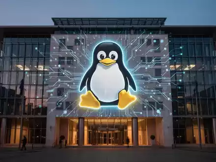 A glowing Linux penguin logo projected onto a modern European government building, symbolizing the EU's shift to open-source software. - Foto: ĂŒber boerse-global.de