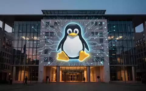A glowing Linux penguin logo projected onto a modern European government building, symbolizing the EU's shift to open-source software. - Foto: über boerse-global.de