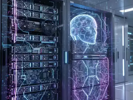 Ein futuristischer AI-Supercomputer-Server-Rack mit blau-violetter Beleuchtung, der fortschrittliche Technologie und hohe Leistung symbolisiert. - Foto: über boerse-global.de