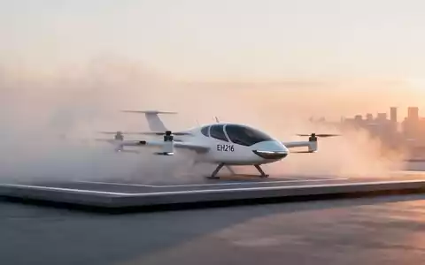 Ein elegantes, futuristisches weißes EHang EH216 eVTOL-Flugzeug auf einem Landeplatz vor einer verschwommenen Stadtsilhouette. - Foto: über boerse-global.de